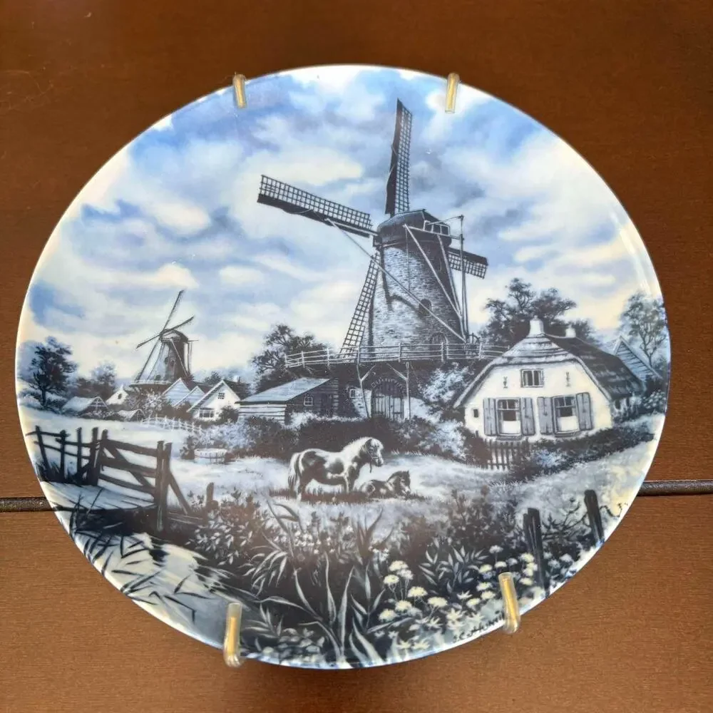 Vintage Delft Blauw Holland Hand Decorated Windmill Scenic Wall Plate 7”